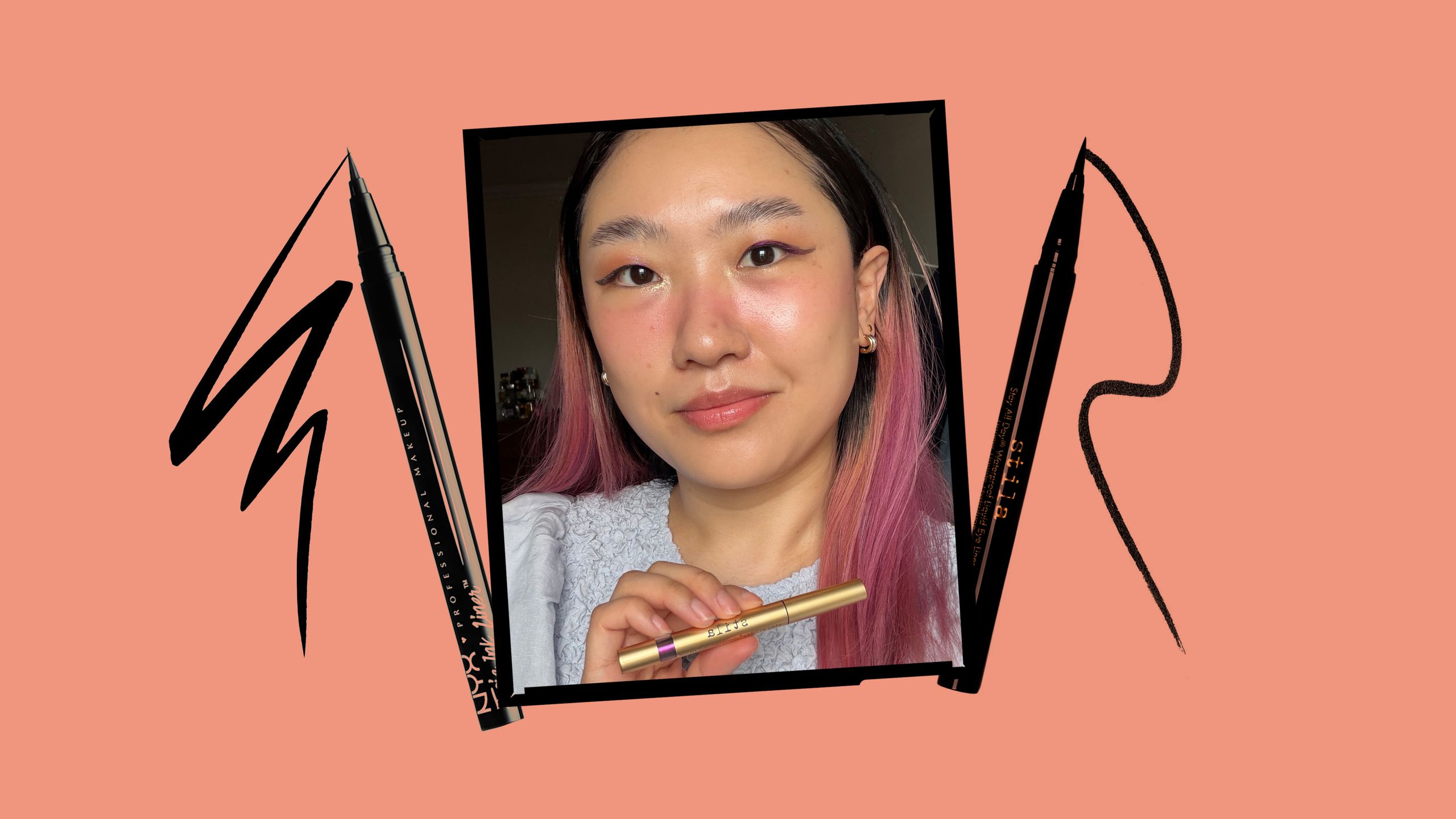 A collage of an Allure editor wearing the Stila Stay All Day ChromaFlash Liquid Eyeliner alongside other liquid eyeliner...