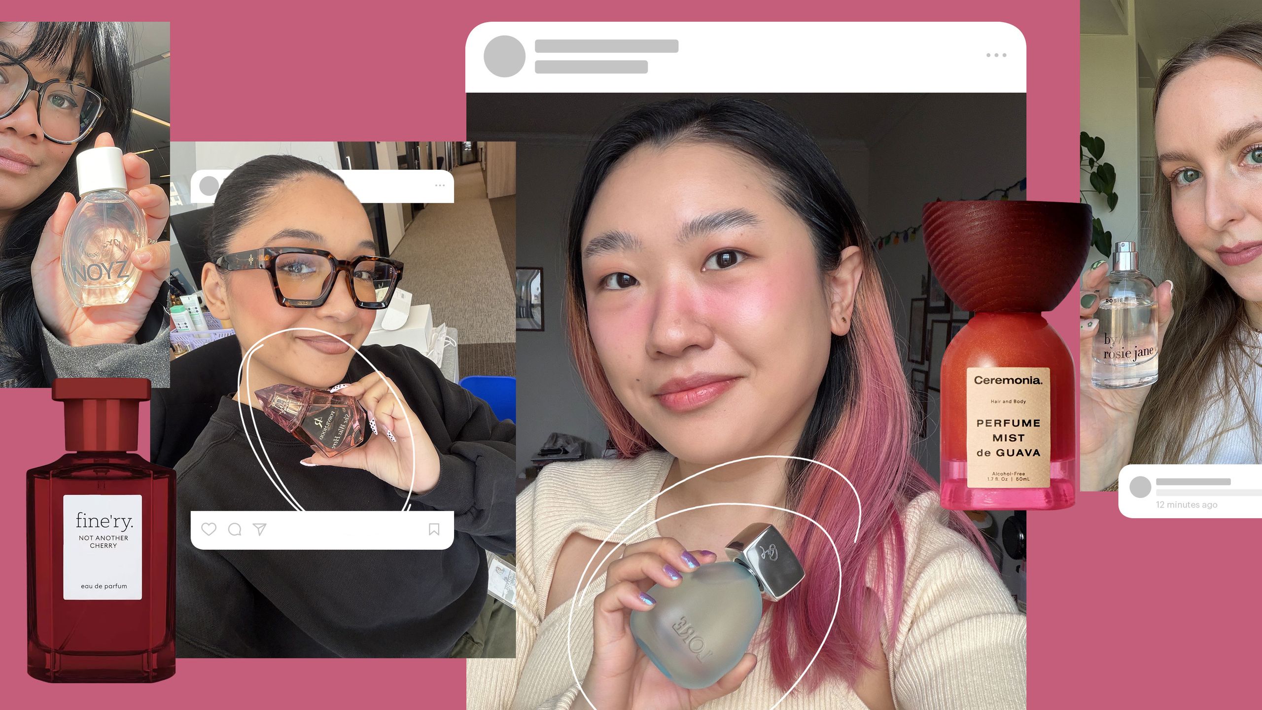 A collage of Allure editors holding their favorite affordable perfumes on a pink background
