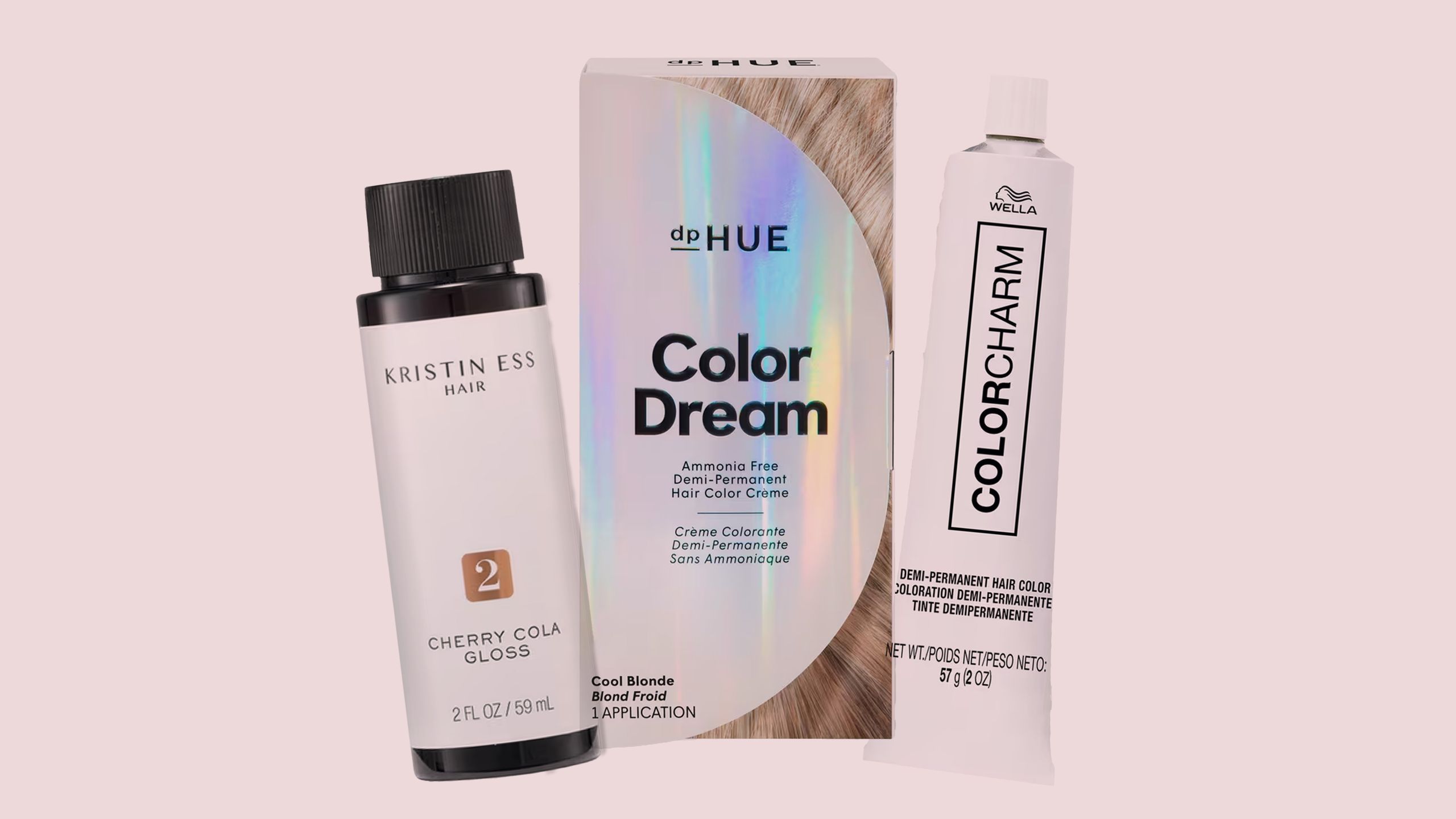 A collage of Kristin Ess DpHue and Wella hair color products on a pastel pink background