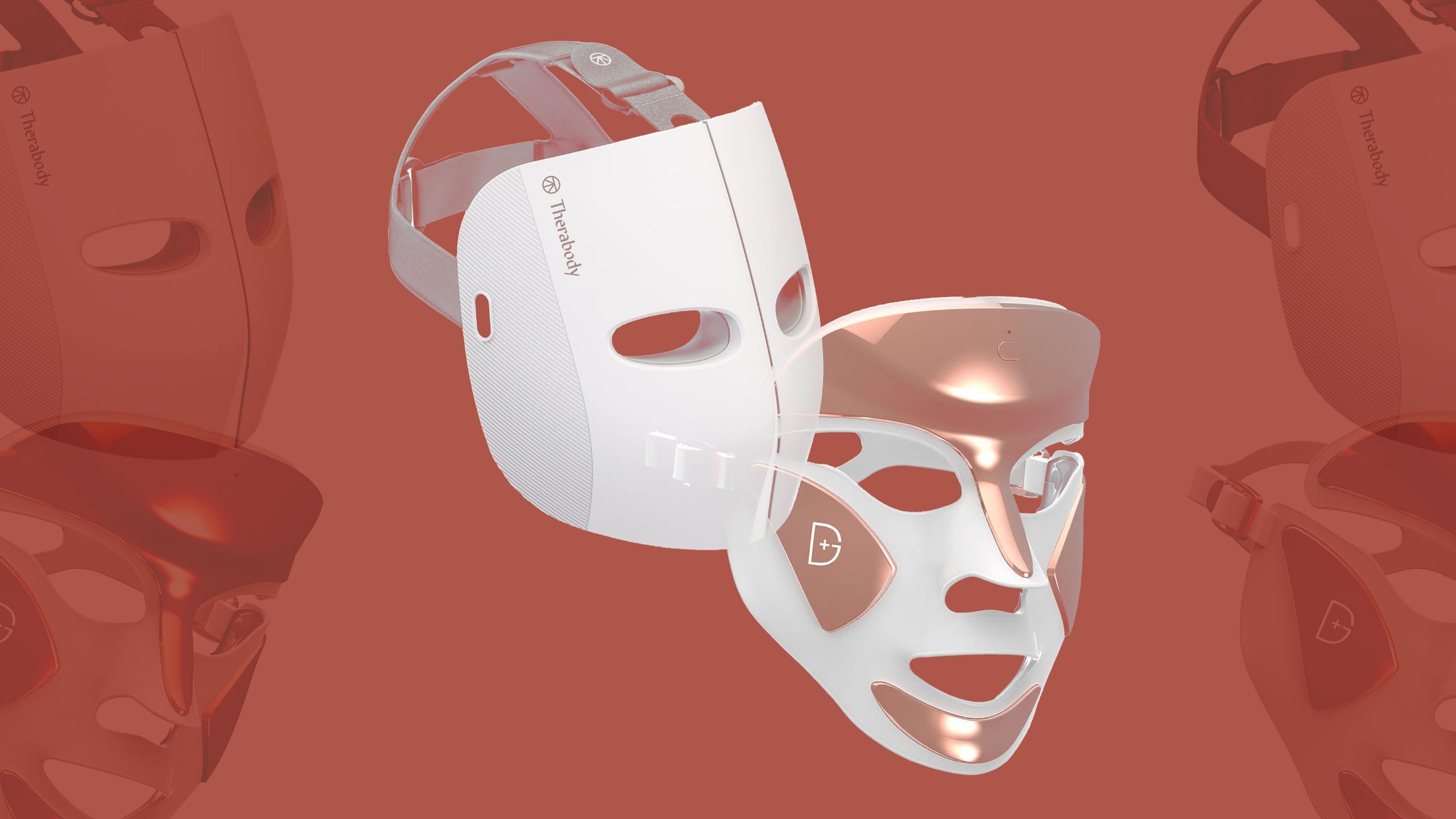 Best Red Light Therapy Masks A collage of LED face masks on a dark pink background