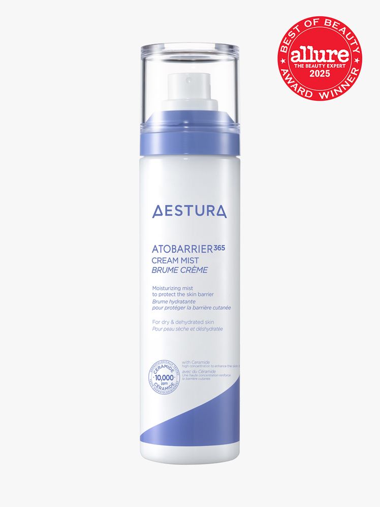 AESTURA ATOBARRIER365 Cream Mist in branded white and blue bottle with pump on light gray background with red Allure...