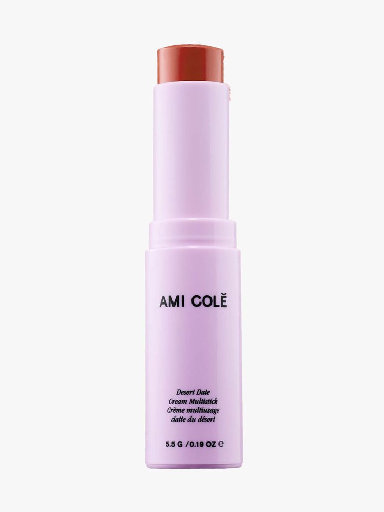 Ami Cole Desert Date Cream Blush Lip Multistick purple twist up stick of terracotta blush on light gray background
