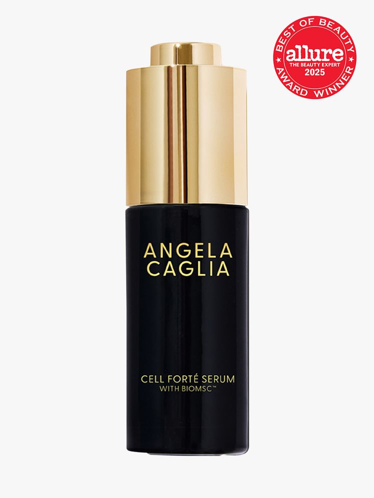 Cell Fort Serum in branded black bottle with gold cap on light gray background with red Allure Best of Beauty seal in...