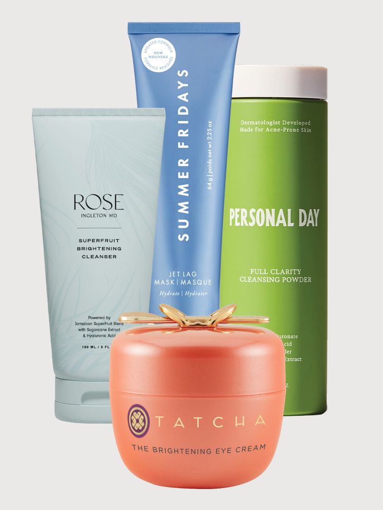 collage of skin care products on gray background