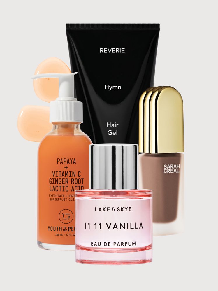 collage of clean beauty products on gray background