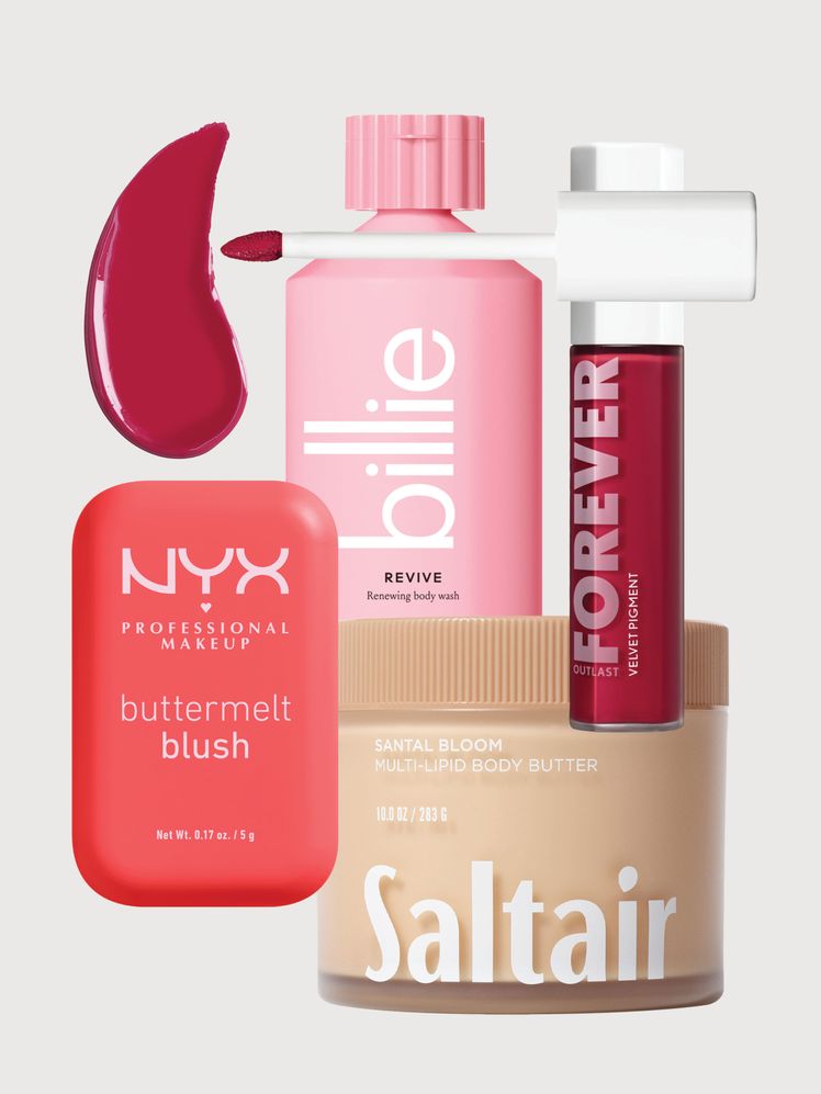 collage of drugstore beauty products on gray background