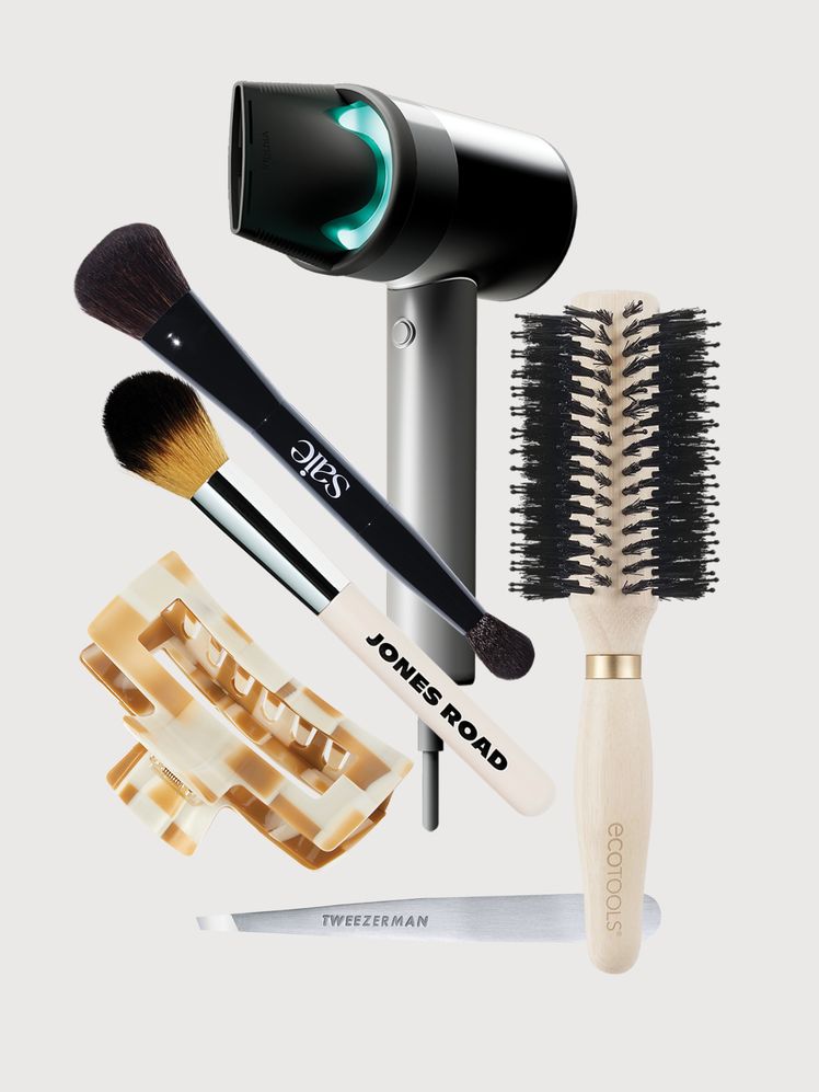 collage of hair tools on light gray background