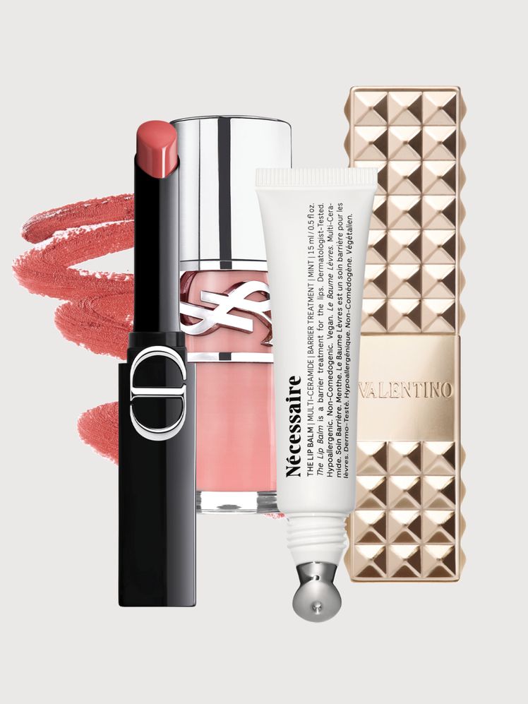 collage of lip products on gray background