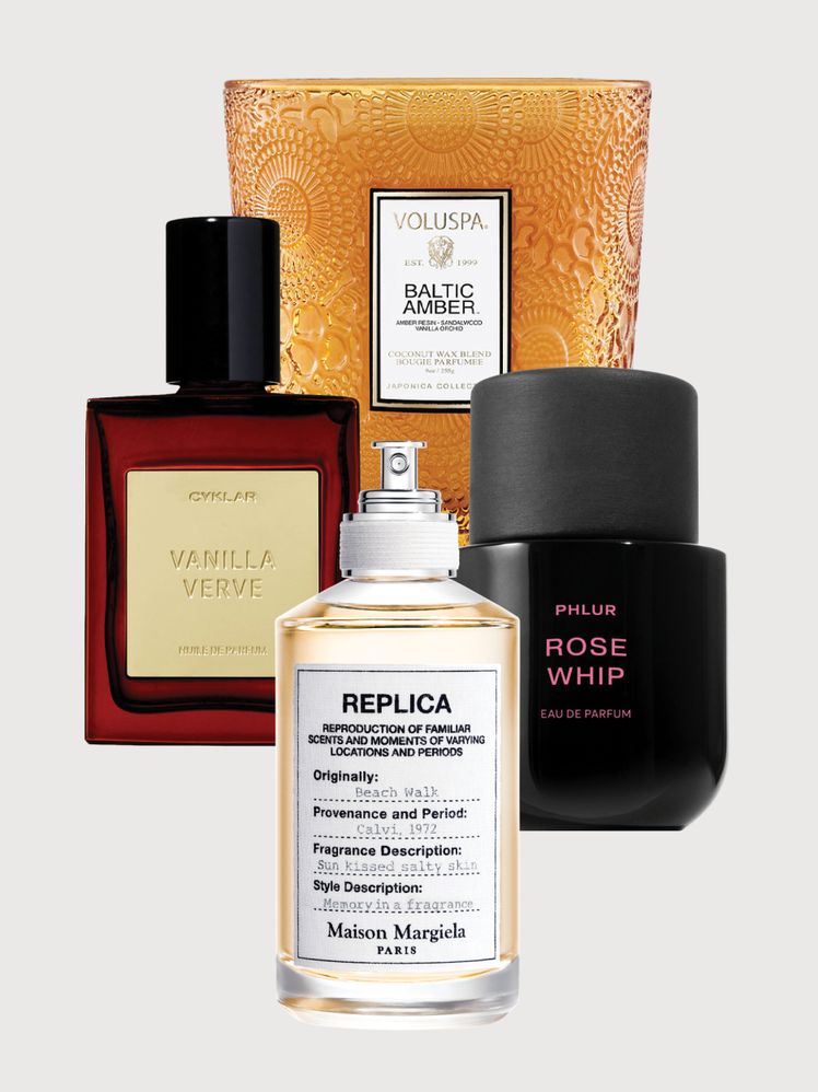 collage of scent products on gray