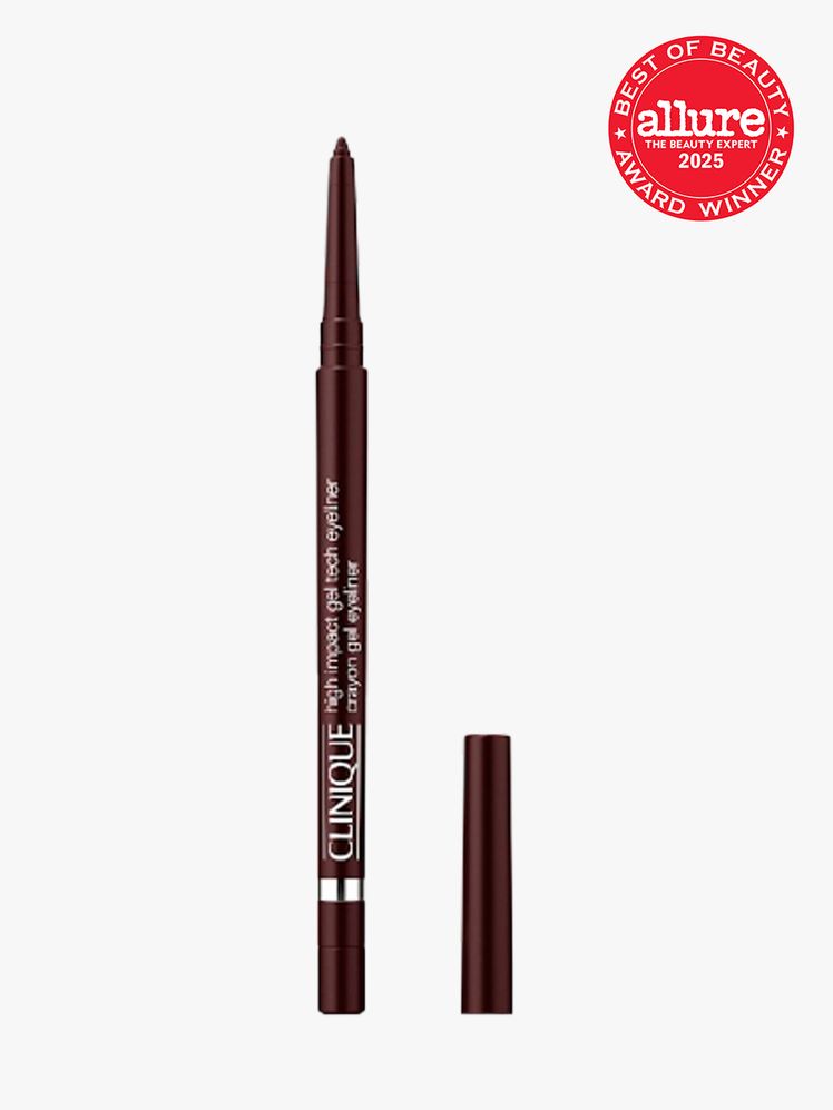 Clinique High Impact Gel Tech Eyeliner in branded twist up pencil applicator next to cap on light gray background with...