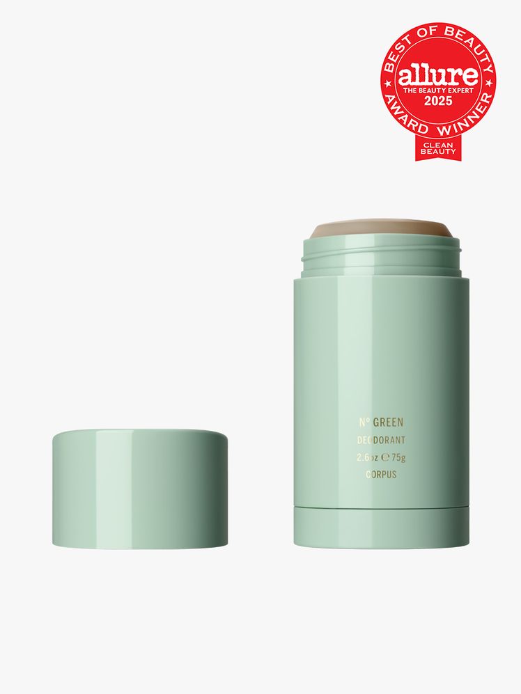 Nº Green Deodorant Stick in branded green twist up applicator on light gray background with red Allure Best of Beauty...