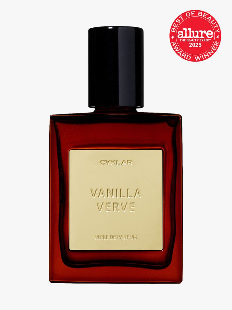 CYKLAR Perfume Oil in Vanilla Verve in branded amber bottle with black cap on light gray background with red Allure Best...