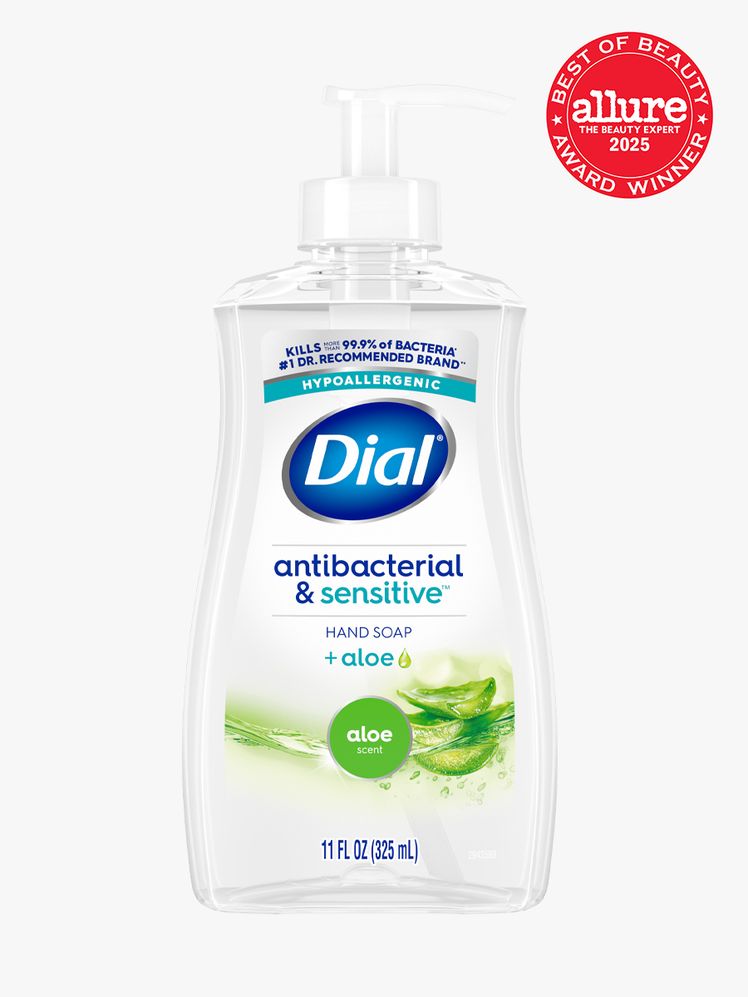 Dial Antibacterial Aloe Scent Liquid Hand Soap in branded clear bottle with white pump on light gray background with red...