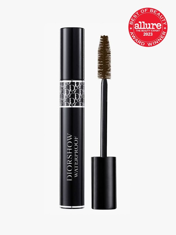 Dior Diorshow Waterproof Mascara in Chestnut with red 2023 Allure Best of Beauty Award winner seal on light gray background