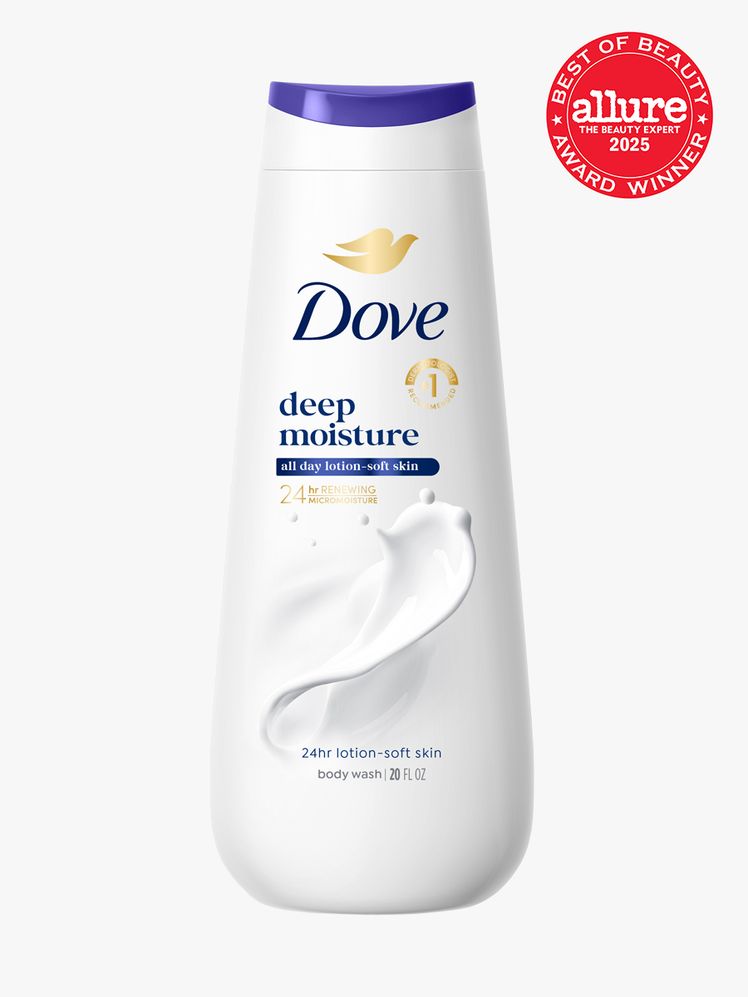 Dove Deep Moisture Body Wash white and blue bottle of body wash on light gray background with red Allure Best of Beauty...