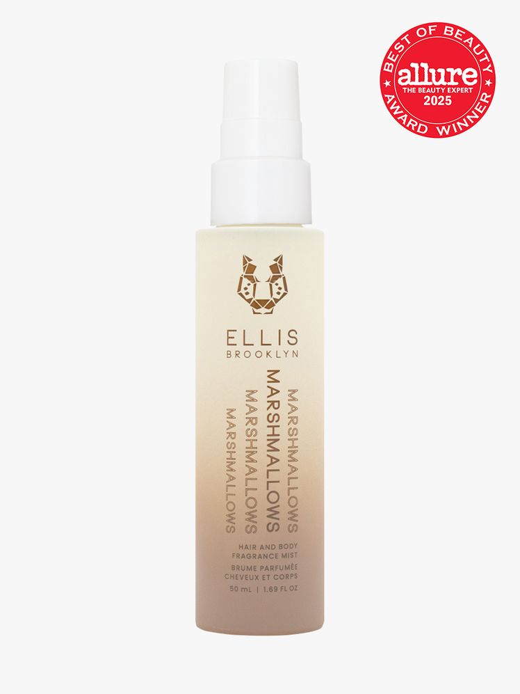 MARSHMALLOWS Hair  Body Fragrance Mist in branded gradient bottle with white spray cap on light gray background with red...