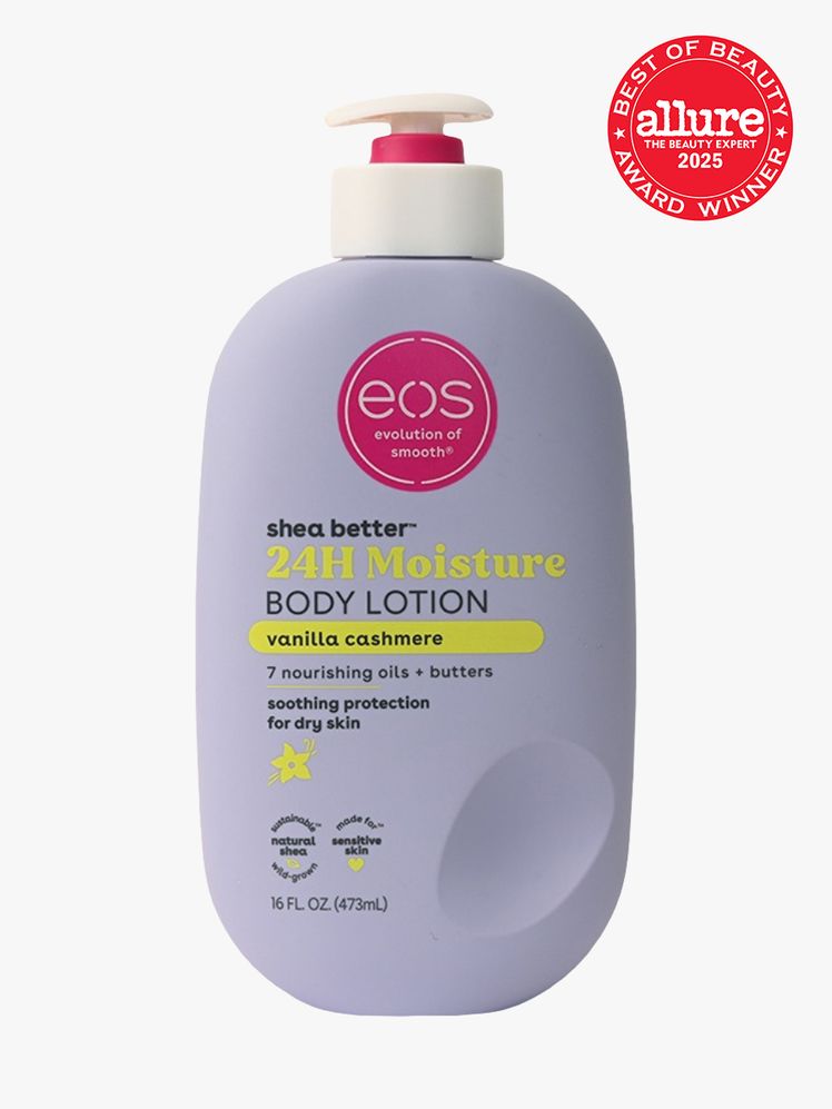 eos Vanilla Cashmere Body Lotion in branded purple bottle with white pump on light gray background with red Allure Best...