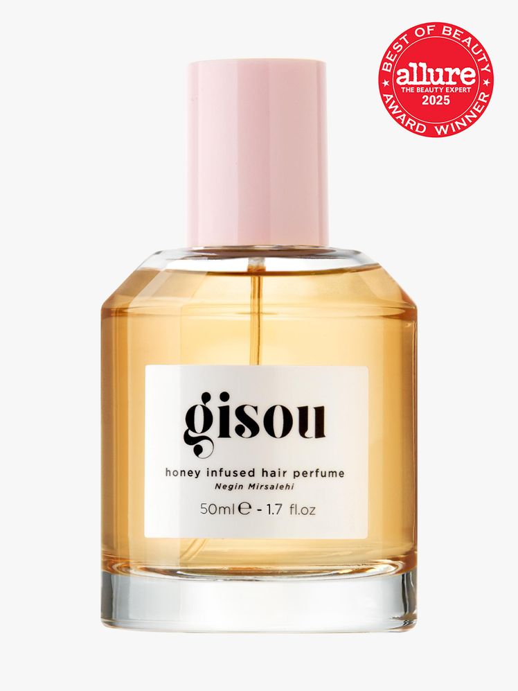Gisou Honey Infused Hair Perfume in branded glass bottle with pink cap on light gray background with red Allure Best of...
