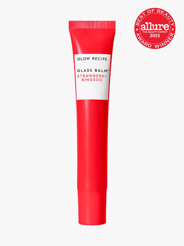 Glass Balm Lip Treatment in branded hot pink tube with cap on light gray background with red Allure Best of Beauty seal...