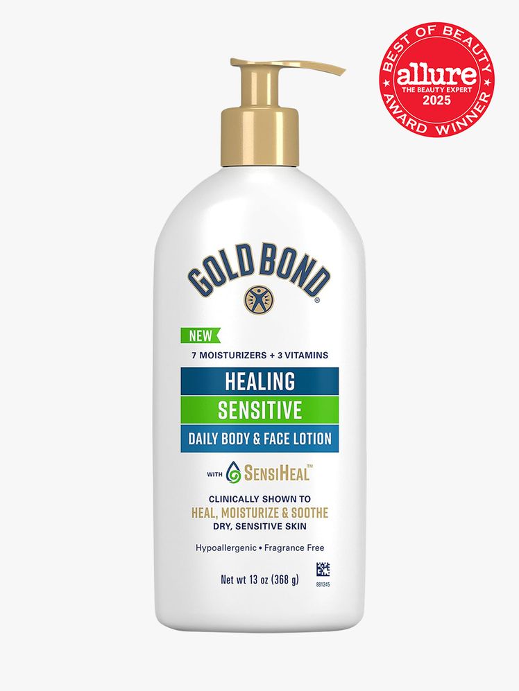 Gold Bond Healing Sensitive Daily Body  Face Lotion in branded white bottle with gold pump on light gray background with...