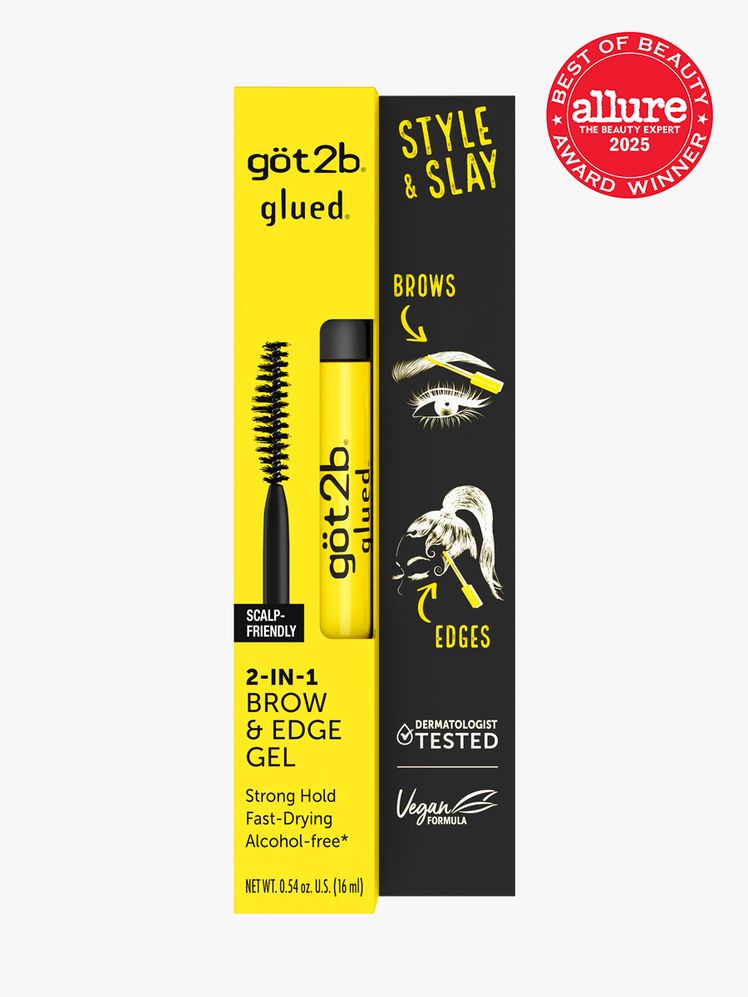 göt2b glued 2in1 Brow and Edge Gel in branded box packaging on light gray background with red Allure Best of Beauty seal...