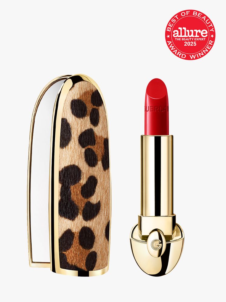 Rouge G Lipstick  Customizable Case in branded gold and leopard print color way on light gray background with red Allure...