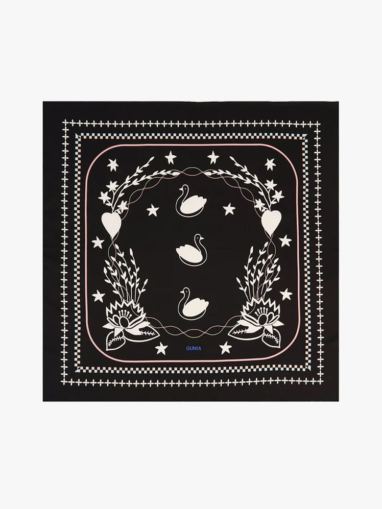 Gunia Project Lybid Silk Headscarf in branded component on a light gray background