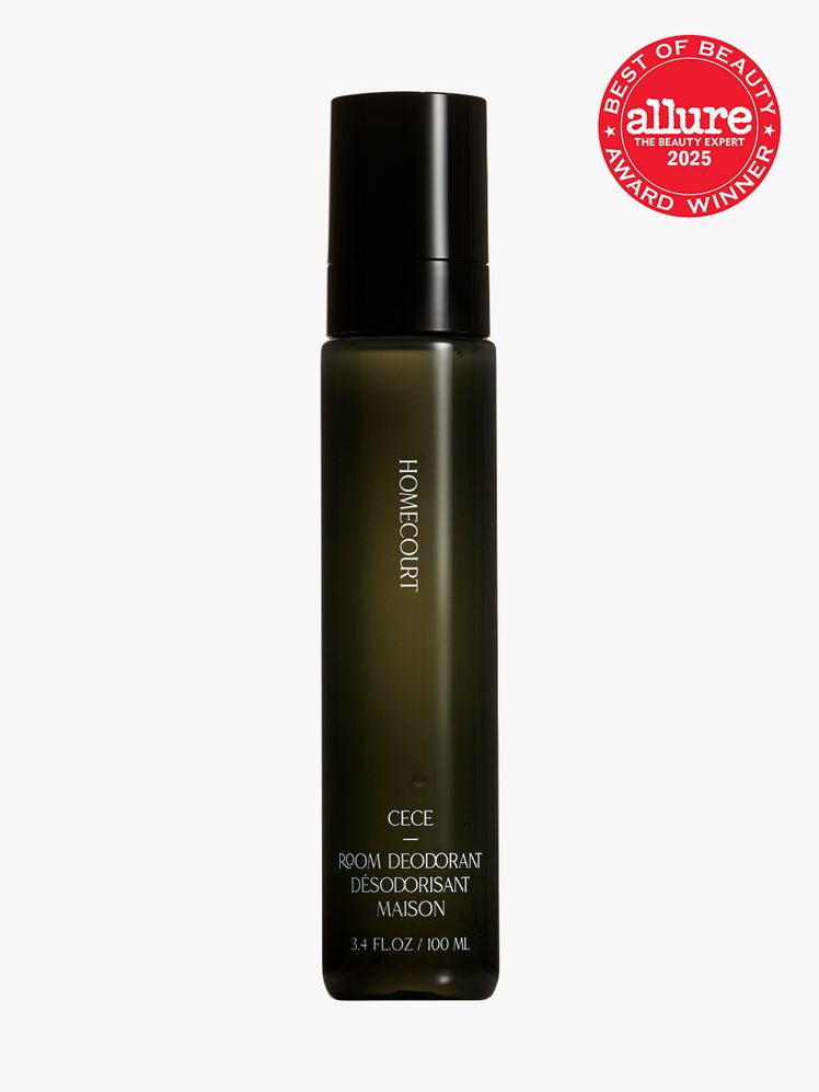Homecourt Cece Room Deodorant in branded green bottle with black cap on light gray background with red Allure Best of...