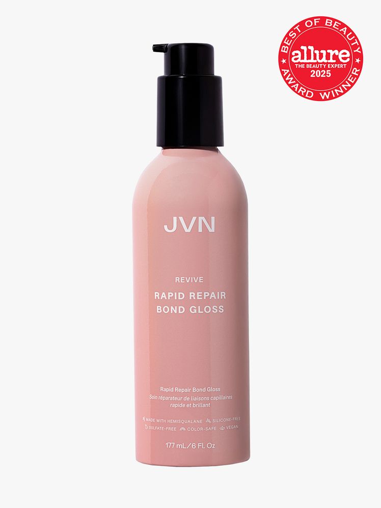 JVN Revive Rapid Repair Bond Gloss in branded soft pink bottle with black pump on light gray background with red Allure...