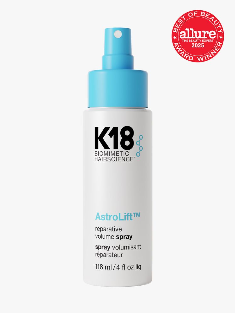 K18 AstroLift in branded white bottle with blue spray pump on light gray background with red Allure Best of Beauty seal...