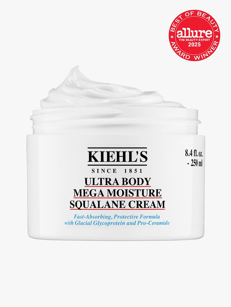 Kiehls Ultra Body Mega Moisture Squalane Cream in branded white jar on light gray background with red Allure Best of...