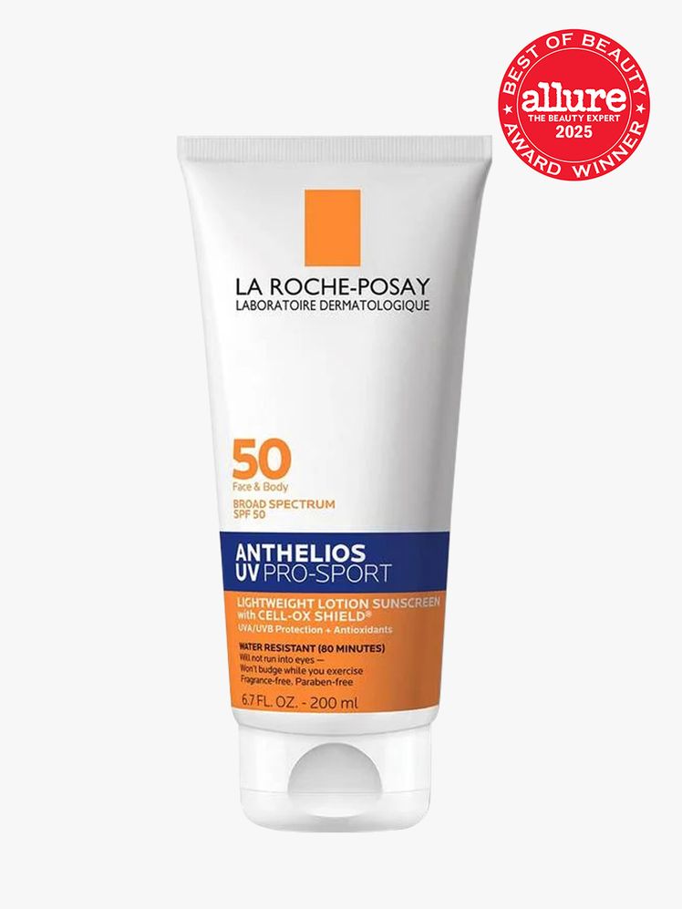 La RochePosay Anthelios UV ProSport Sunscreen SPF 50 in branded white and orange tube with cap on light gray background...