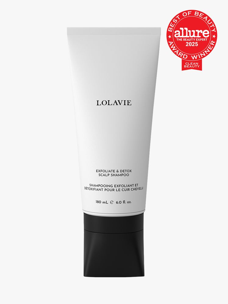 LolaVie Exfoliate  Detox Scalp Shampoo in branded white tube with black cap on light gray background with red Allure...