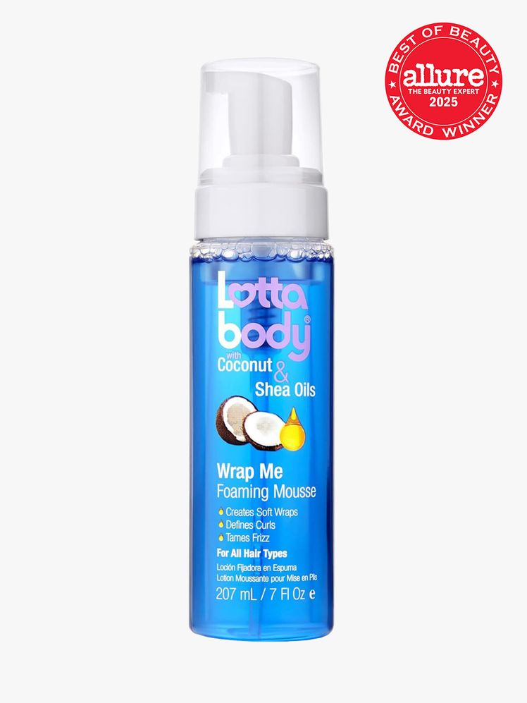 Lottabody Wrap Me Foaming Mousse in branded clear bottle with white foam pump on light gray background with red Allure...