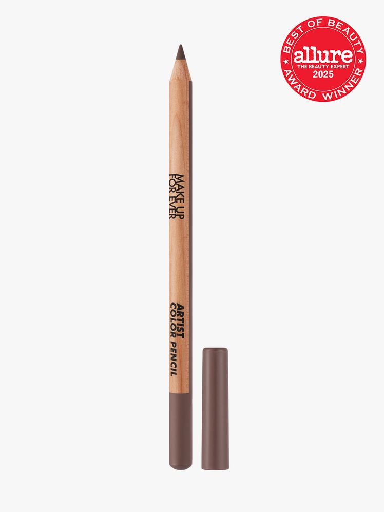 Make Up For Ever Artist Color Pencil next to cap on light gray background with red Allure Best of Beauty seal in the top...