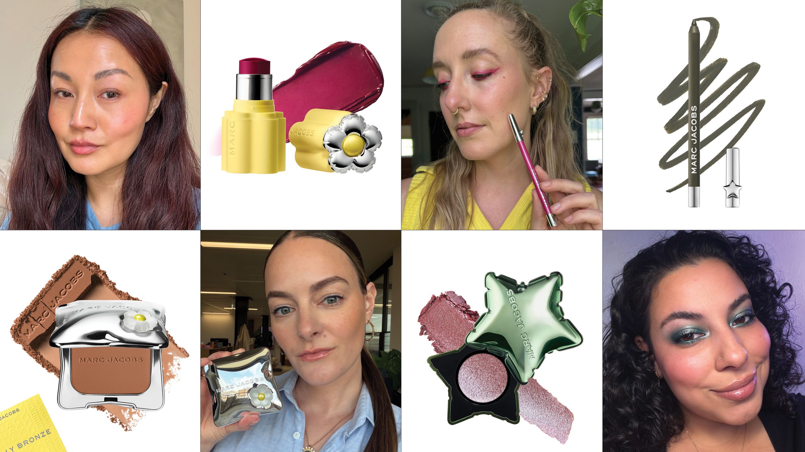 Marc Jacobs Beauty makeup packaging and testers wearing it