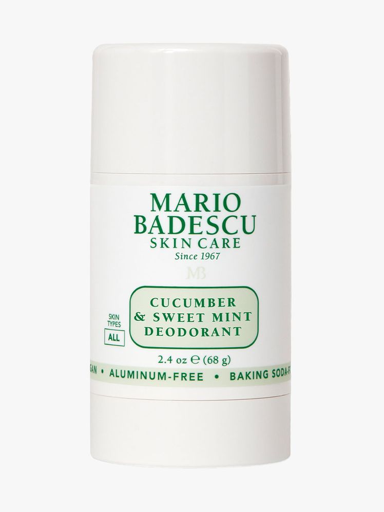 Mario Badescu Cucumber Sweet Mint Deodorant white and light green stick of deodorant on light gray background