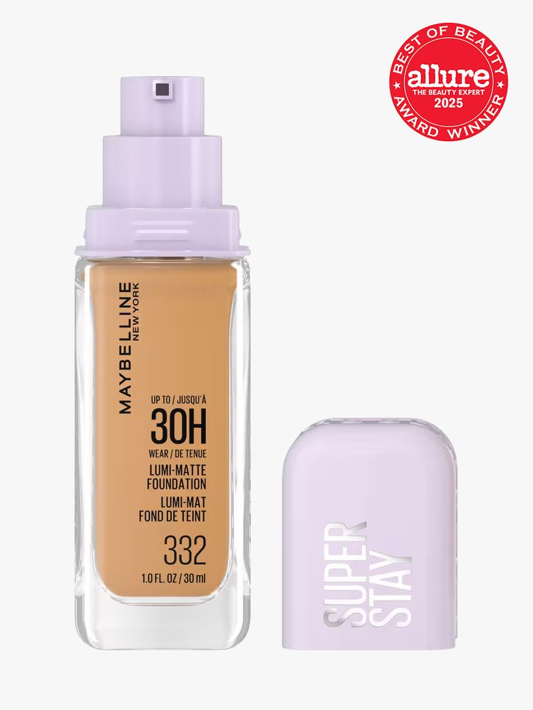 Maybelline New York Super Stay Lumi Matte Foundation in branded clear bottle with purple pump and cap on light gray...