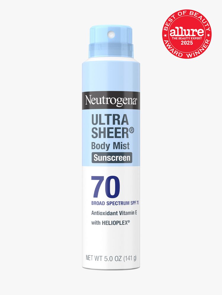 Neutrogena Ultra Sheer Body Mist Sunscreen Broad Spectrum SPF 70 in branded white and blue spray bottle on light gray...