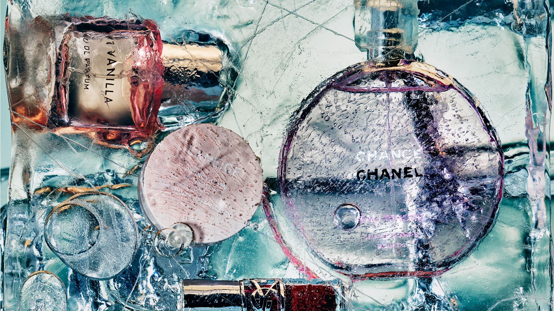photo of beauty products in ice