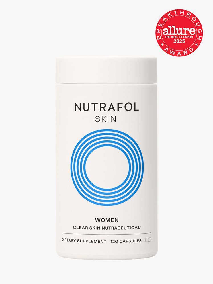 Nutrafol Clear Skin in branded white bottle with twist cap on light gray background with red Allure Best of Beauty seal...