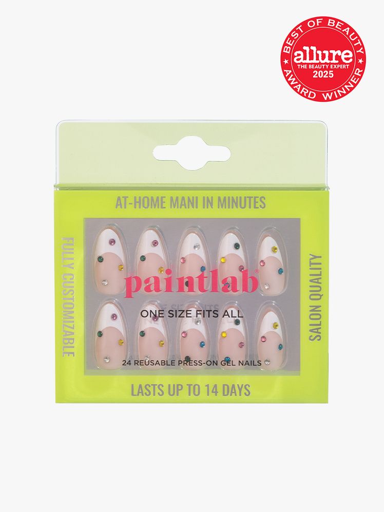 PaintLab green box of bejeweled press on nails on light gray background with red Allure Best of Beauty seal in the top...