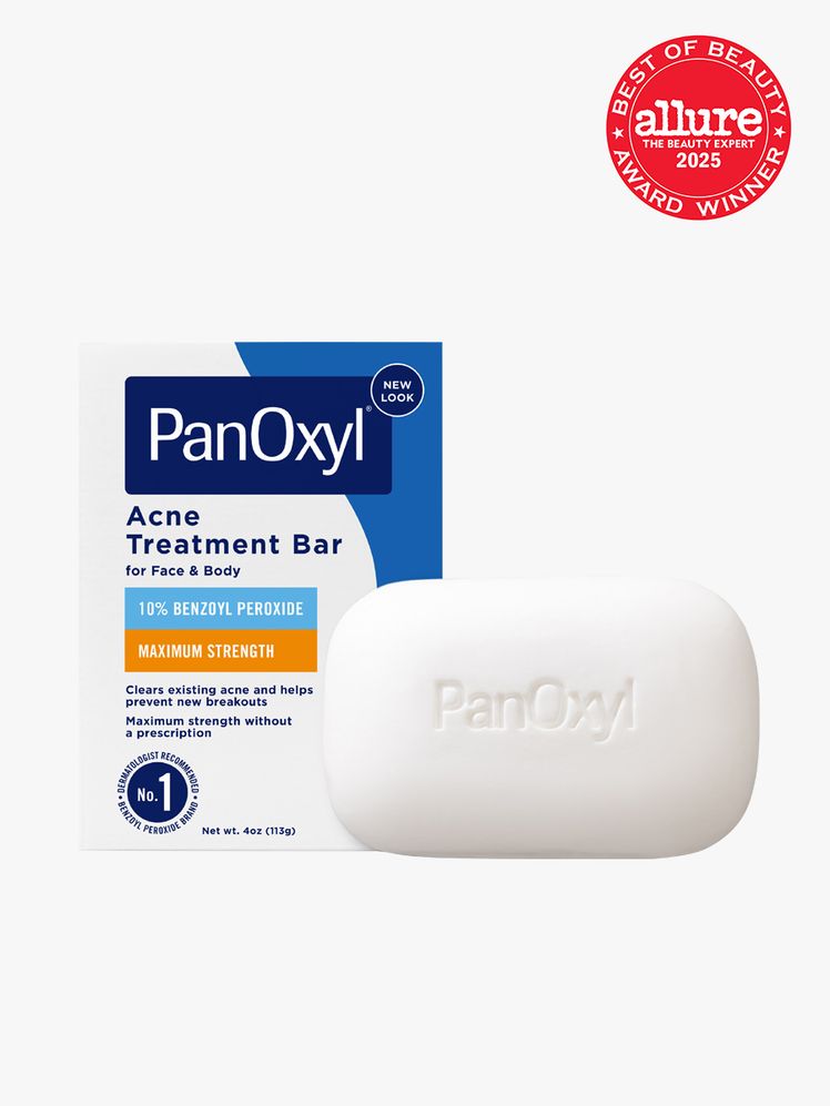 PanOxyl Acne Treatment Bar next to branded box packaging on light gray background with red Allure Best of Beauty seal in...