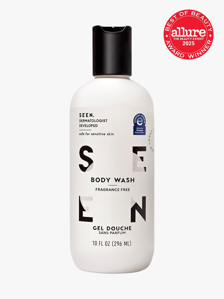 SEEN Body Wash in branded white bottle with black cap on light gray background with red Allure Best of Beauty seal in...