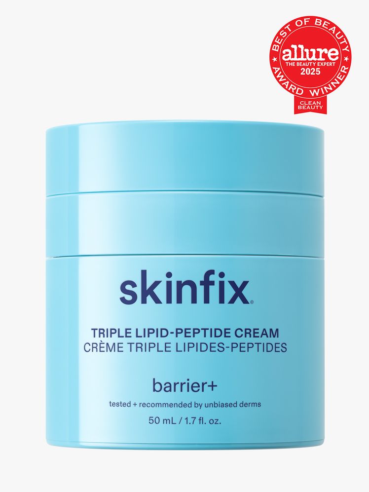 Skinfix Barrier Triple LipidPeptide Cream in branded blue jar with lid on light gray background with red Allure Best of...