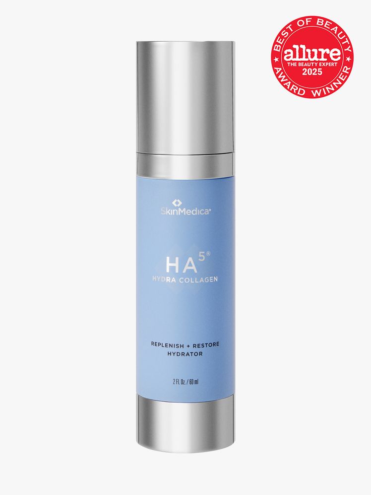 SkinMedica HA5 Hydra Collagen Replenish  Restore Hydrator in branded blue and silver bottle with silver cap on light...