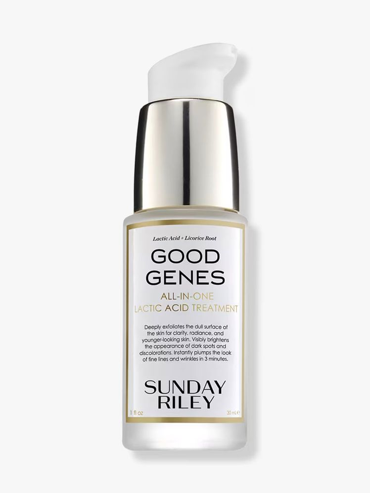 Sunday Riley Good Genes All-in-One Lactic Acid Treatment small white pump bottle on white background