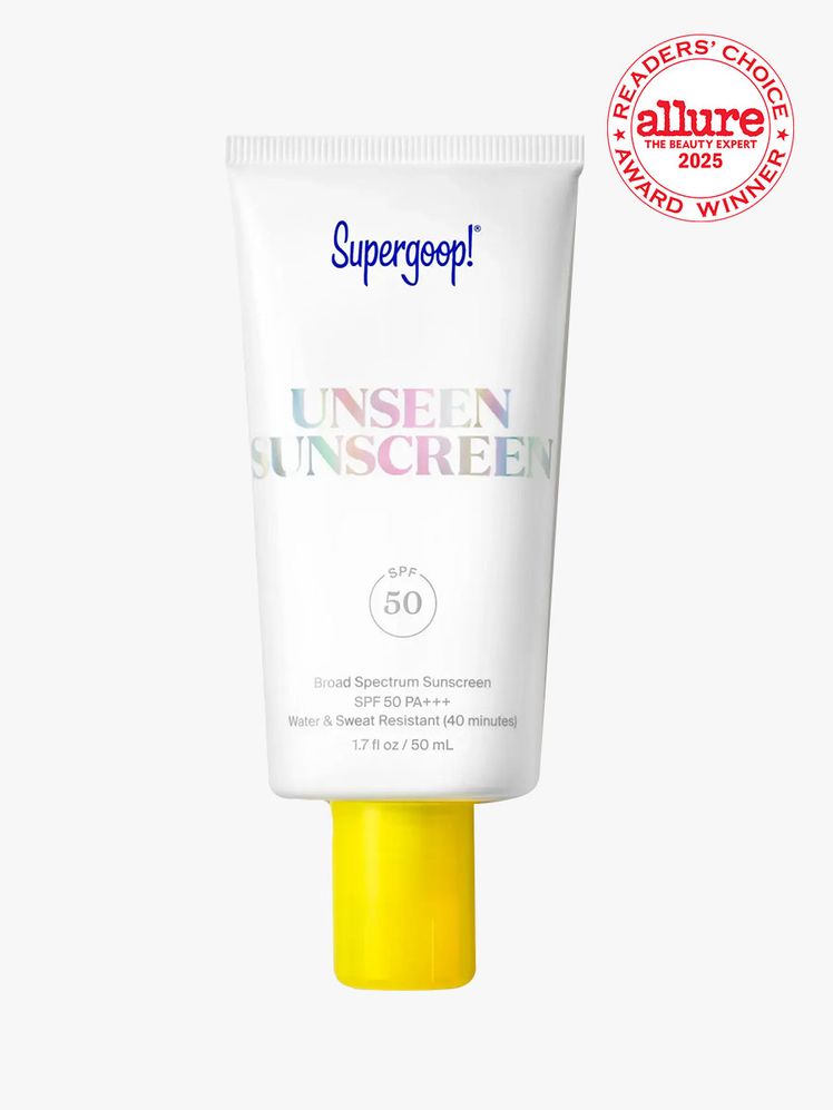 Supergoop Unseen Sunscreen SPF 50 white tube with yellow cap on light gray background with white Allure Readers' Choice...