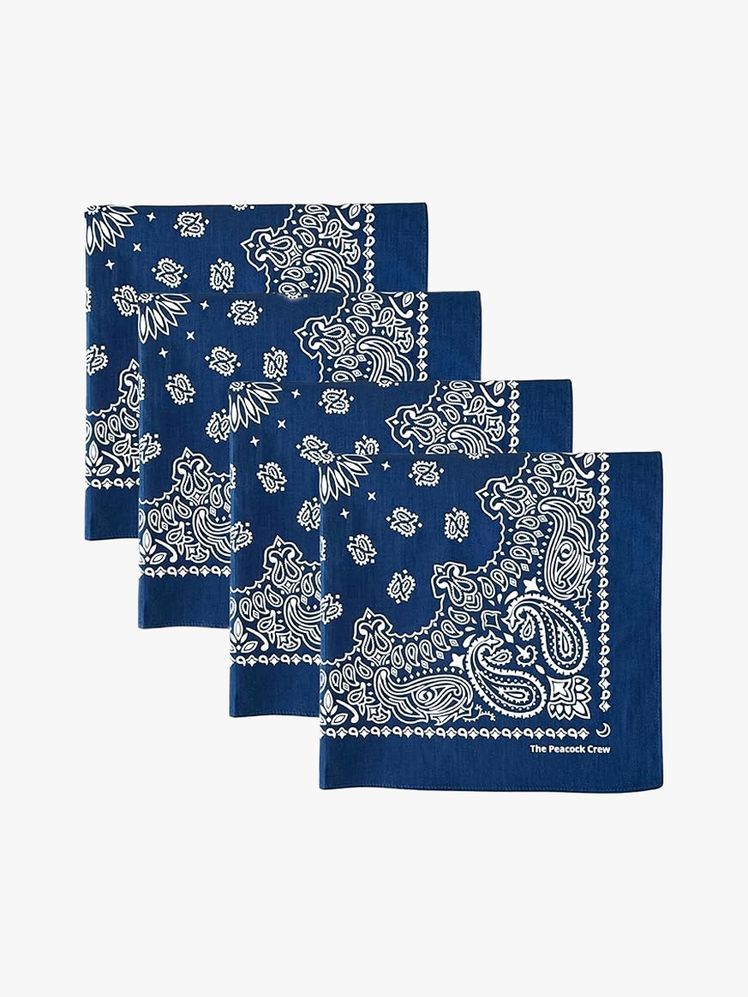 The Peacock Crew Premium Soft Cotton Bandanas in branded components on a light gray background