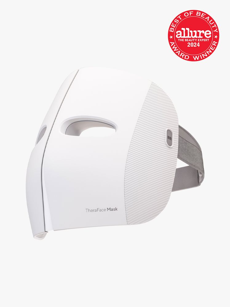 LED face mask in branded white and gray color way on light gray background with red and white 2024 allure best of beauty seal